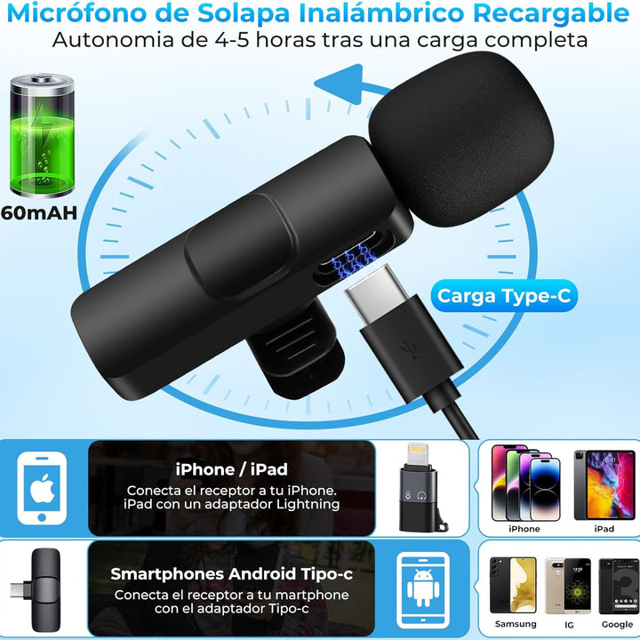 Micrófono Inalámbrico Compatible con iPhone/iPad/Android, Distancia de Transmisión de 50 Metros