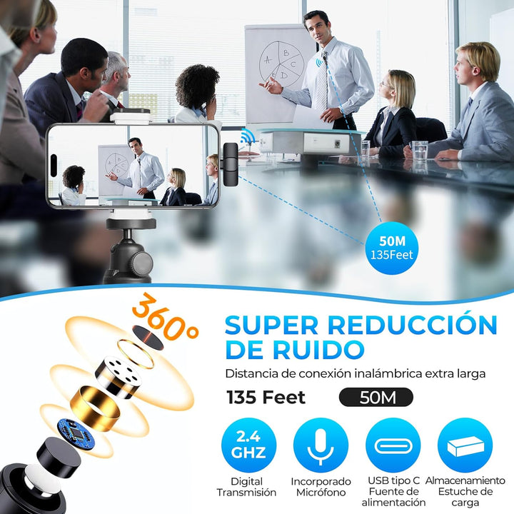 Micrófono Inalámbrico Compatible con iPhone/iPad/Android, Distancia de Transmisión de 50 Metros
