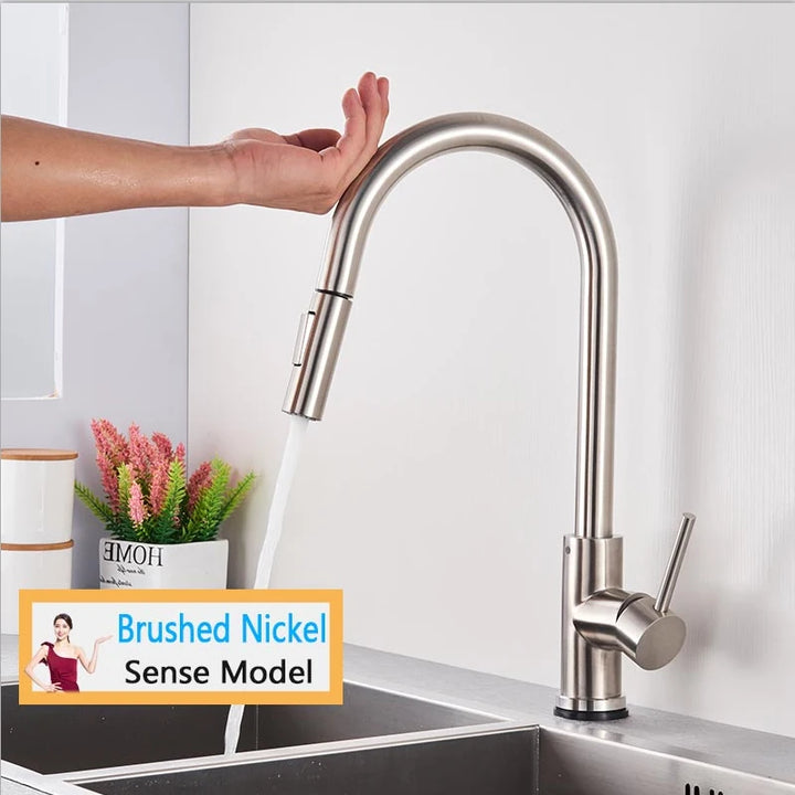 Rozin-grifo de cocina táctil inteligente, grifos con Sensor extraíble negro, grúa de rotación de 360 grados, grifos mezcladores de agua de 2 salidas