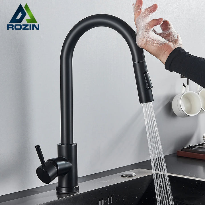 Rozin-grifo de cocina táctil inteligente, grifos con Sensor extraíble negro, grúa de rotación de 360 grados, grifos mezcladores de agua de 2 salidas