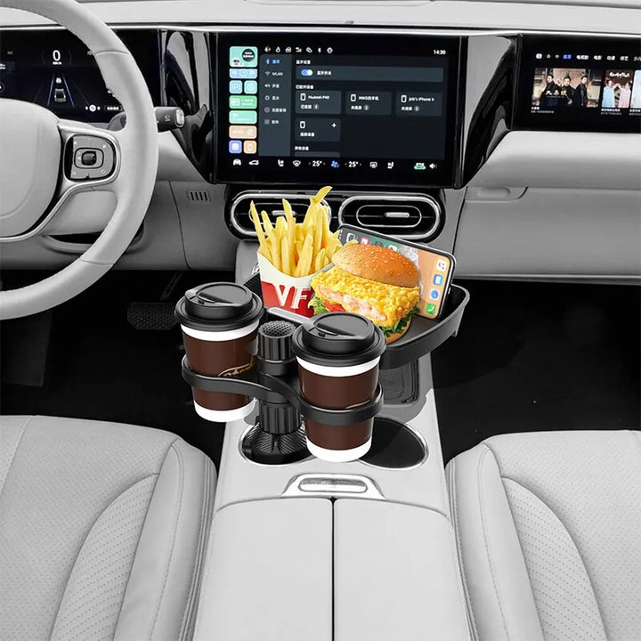 Expansor de portavasos doble ajustable para asiento de coche, soporte de taza multifuncional giratorio de 360 °, bandeja para aperitivos, soporte para bebidas